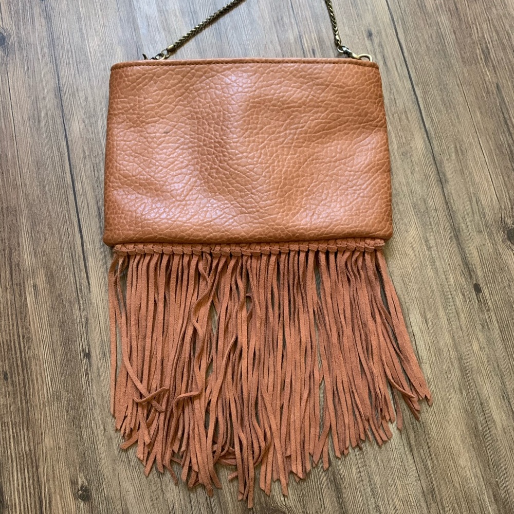 Brown leather fringe crossbody bag